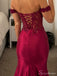 Maroon Off-Shoulder Beaded Mermaid Prom Dress with Lace-Up Back PD26057