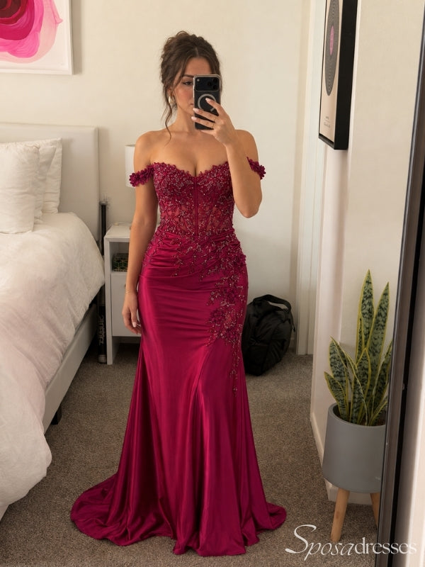 Maroon Off-Shoulder Beaded Mermaid Prom Dress with Lace-Up Back PD26057