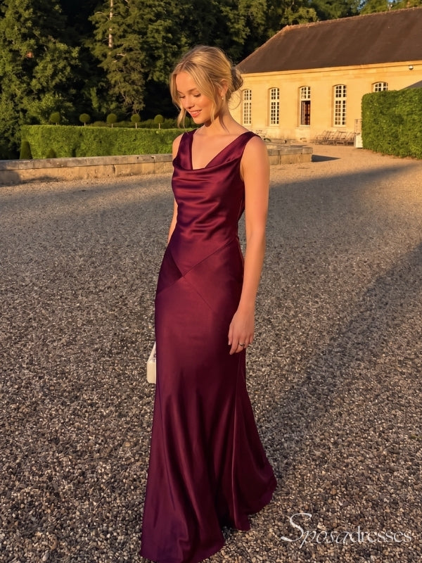 Burgundy Cowl Neck Open Back Long Prom Dress PD26066