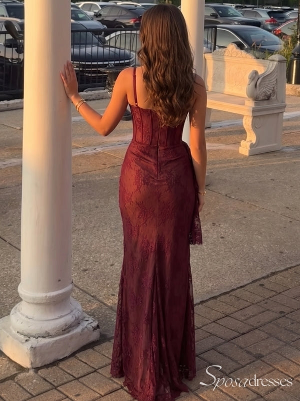 Burgundy Sweetheart Spaghetti Strap Lace Corset Prom Dress with High Slit PD26071