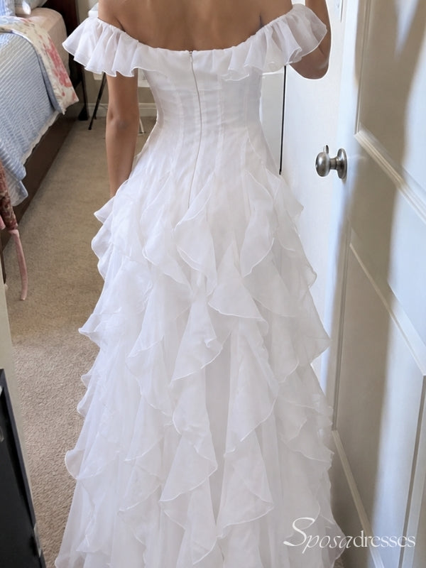 White Off-the-Shoulder Ruffle A-Line Long Prom Dress PD26078