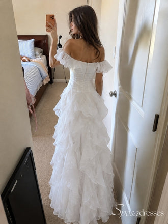 White Off-the-Shoulder Ruffle A-Line Long Prom Dress PD26078