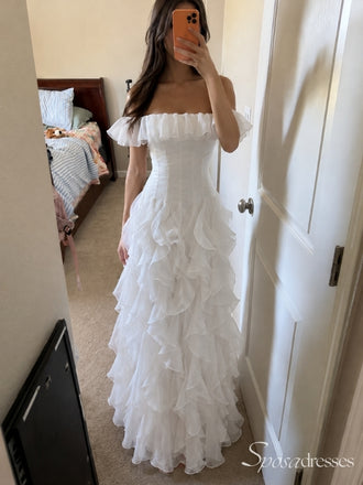 White Off-the-Shoulder Ruffle A-Line Long Prom Dress PD26078