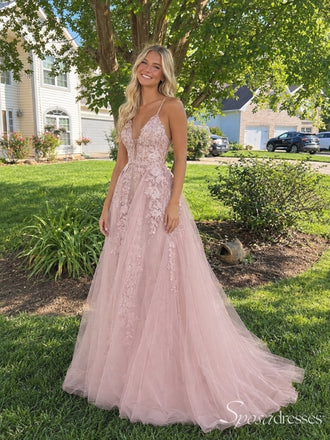 Blush Pink Floral Lace V-Neck A-Line Prom Dress with Train PD26085