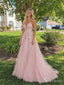 Blush Pink Floral Lace V-Neck A-Line Prom Dress with Train PD26085