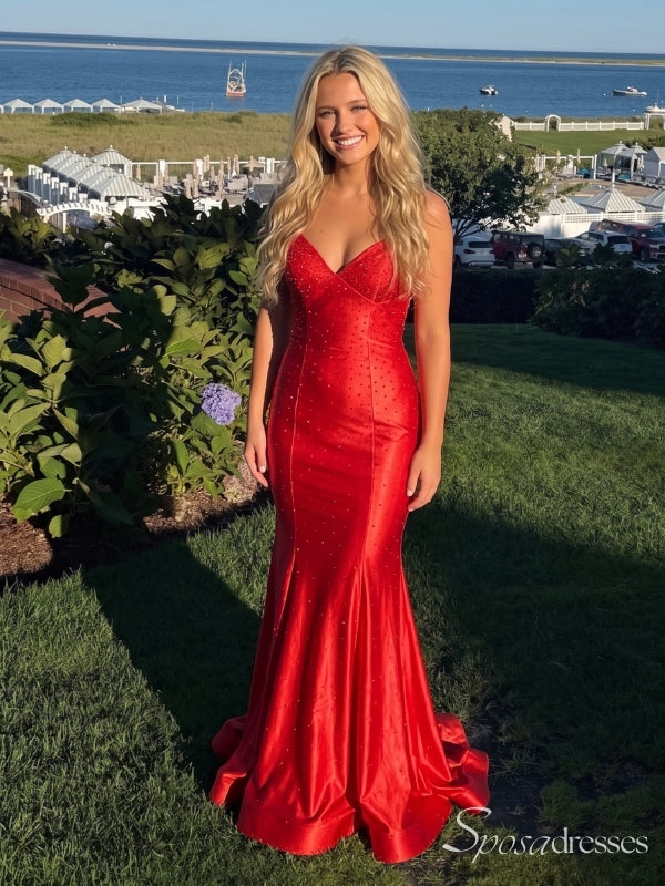 Red Sparkle V-Neck Cross-Back Mermaid Prom Dress with Train PD26090