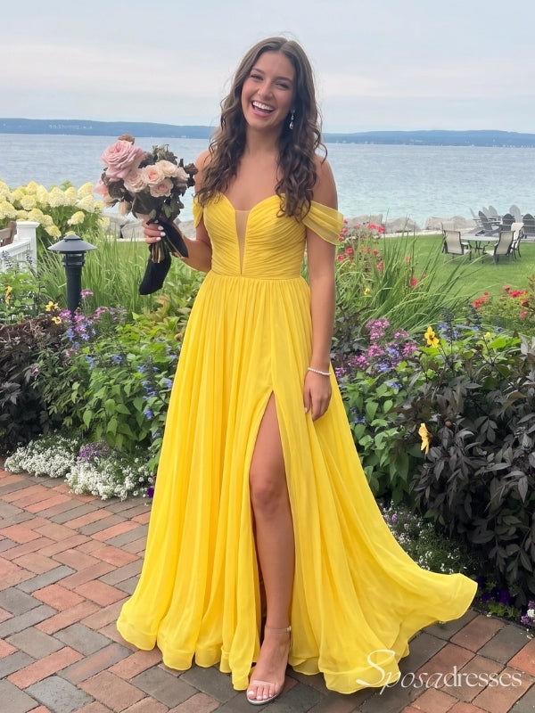 Yellow Off-the-Shoulder Sweetheart A-Line Prom Dress with Slit PD26091