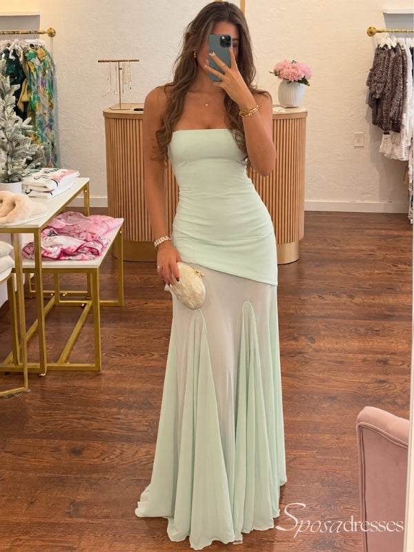 Mint Green Strapless Ruched Sheer-Panel Long Prom Dress PD26096