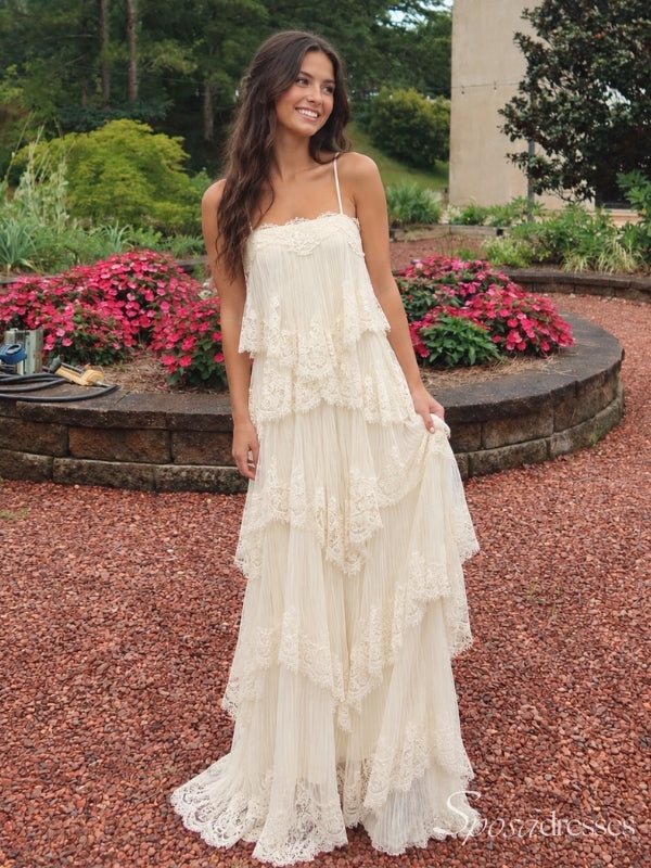 Ivory Tiered Lace Spaghetti Strap Long Prom Dress with Lace-Up Back PD26097
