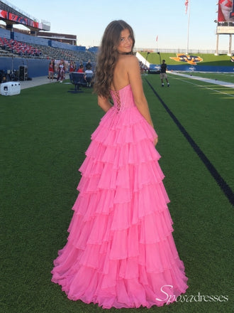 Bright Pink Plunging V-Neck Corset Tiered Prom Dress with Slit PD26101