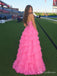 Bright Pink Plunging V-Neck Corset Tiered Prom Dress with Slit PD26101