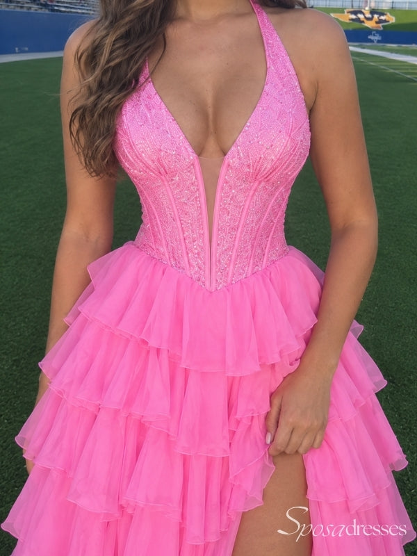 Bright Pink Plunging V-Neck Corset Tiered Prom Dress with Slit PD26101