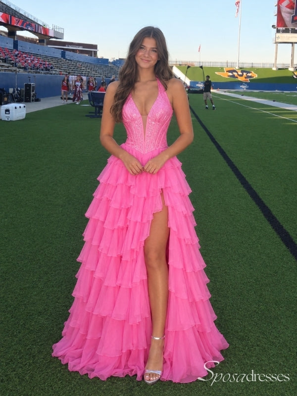 Bright Pink Plunging V-Neck Corset Tiered Prom Dress with Slit PD26101
