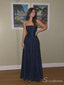 Navy Blue Straight-Neck Spaghetti Strap A-Line Prom Dress PD26103