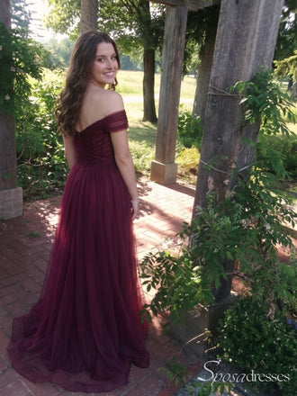 Burgundy Off-Shoulder Sweetheart A-Line Prom Dress with Slit PD26105