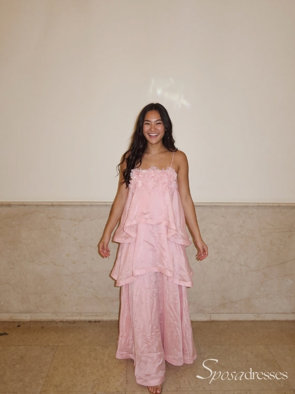 Light Pink Spaghetti Strap Tiered Ruffle Long Prom Dress PD26106