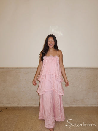 Light Pink Spaghetti Strap Tiered Ruffle Long Prom Dress PD26106