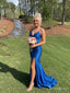 Royal Blue Sparkly V-Neck Prom Dress with Slit and Lace-Up Back PD26110
