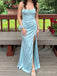 Light Blue Ruched Spaghetti Strap Long Prom Dress with Slit PD26112