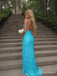 Turquoise Sequin V-Neck Long Prom Dress with Slit and Low Back PD26113