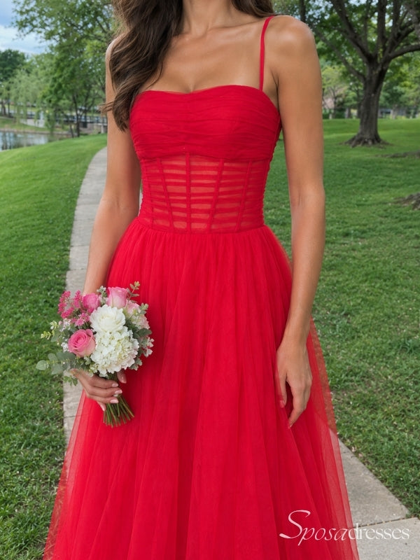 Red Straight-Neck Sheer Corset A-Line Prom Dress with Spaghetti Straps PD26114