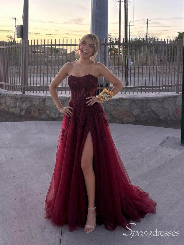 Burgundy Strapless Lace Corset A-Line Prom Dress with Slit PD26115