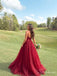 Burgundy Floral Lace A-Line Prom Dress with Spaghetti Straps PD26119