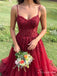 Burgundy Floral Lace A-Line Prom Dress with Spaghetti Straps PD26119