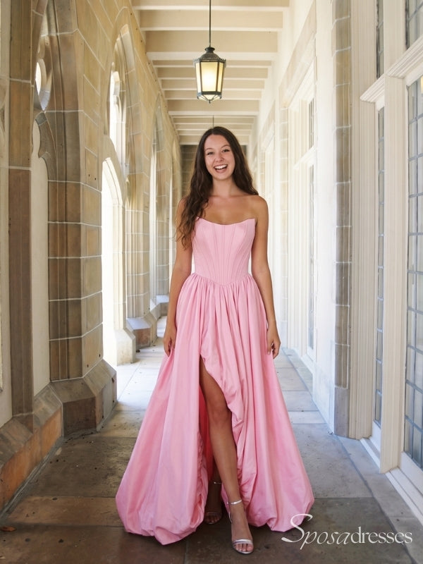 Pink Strapless A-Line Prom Dress with High Slit and Lace-Up Back PD26120