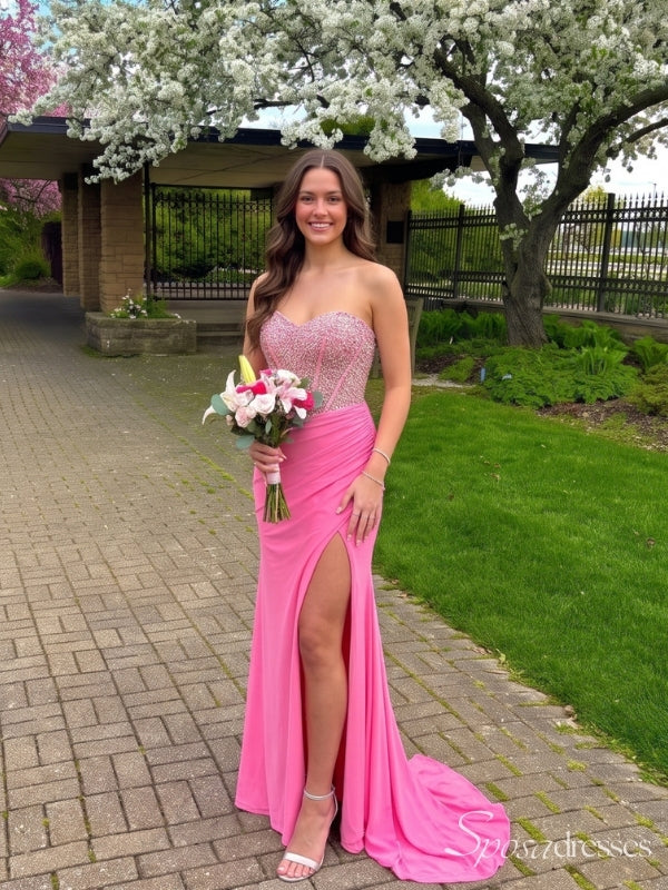 Bright Pink Strapless Beaded Corset Prom Dress with High Slit PD26121