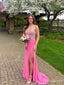 Bright Pink Strapless Beaded Corset Prom Dress with High Slit PD26121