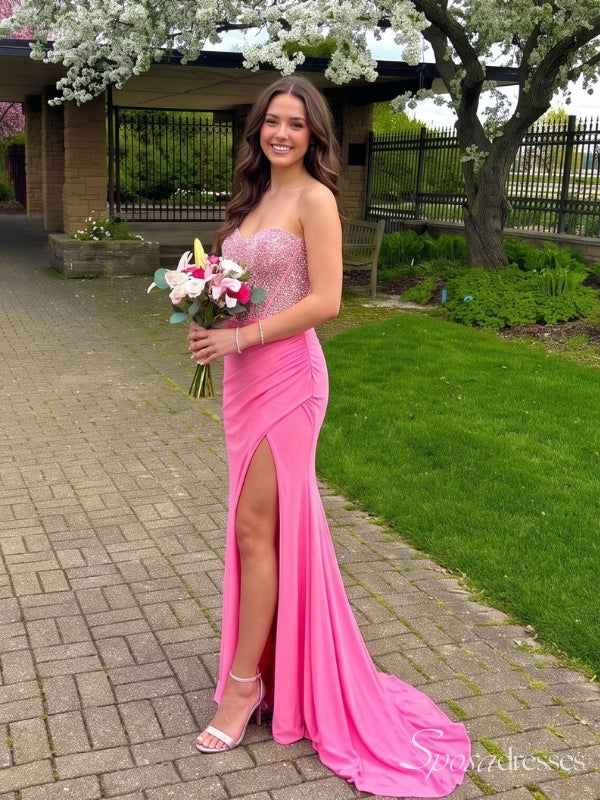 Bright Pink Strapless Beaded Corset Prom Dress with High Slit PD26121