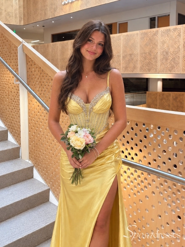Yellow Beaded Corset Prom Dress with Spaghetti Straps and High Slit PD26124