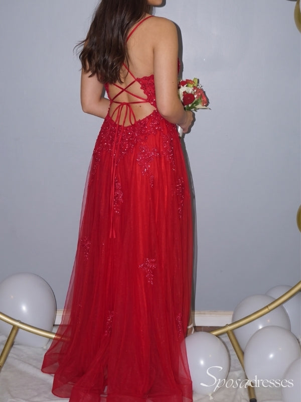 Red Lace A-Line Prom Dress with Plunging V-Neck and Slit PD26127