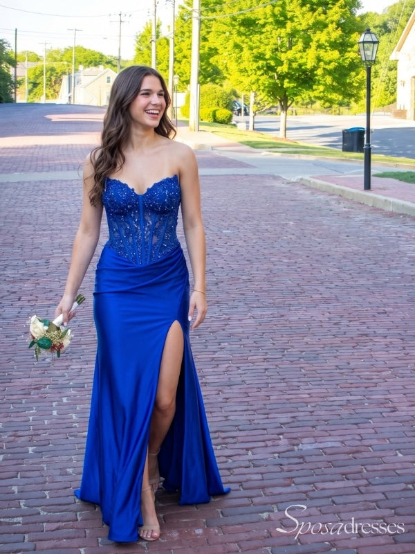 Royal Blue Strapless Beaded Corset Prom Dress with Slit PD26141
