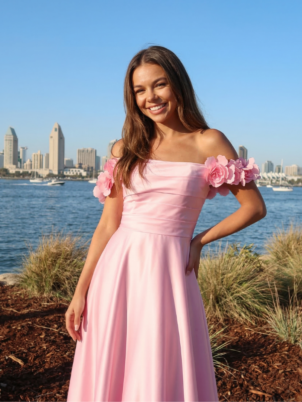 Pink Satin Off Shoulder 3D Floral A Line Prom Dress, 26018