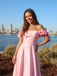 Pink Satin Off Shoulder 3D Floral A Line Prom Dress, 26018