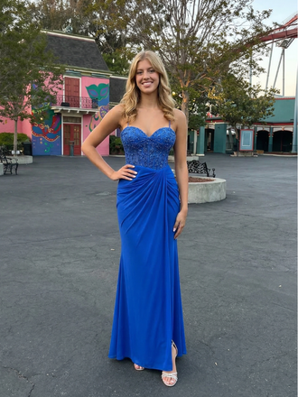 Royal Blue Beaded Sweetheart Corset Ruched Mermaid Prom Dress, 26024
