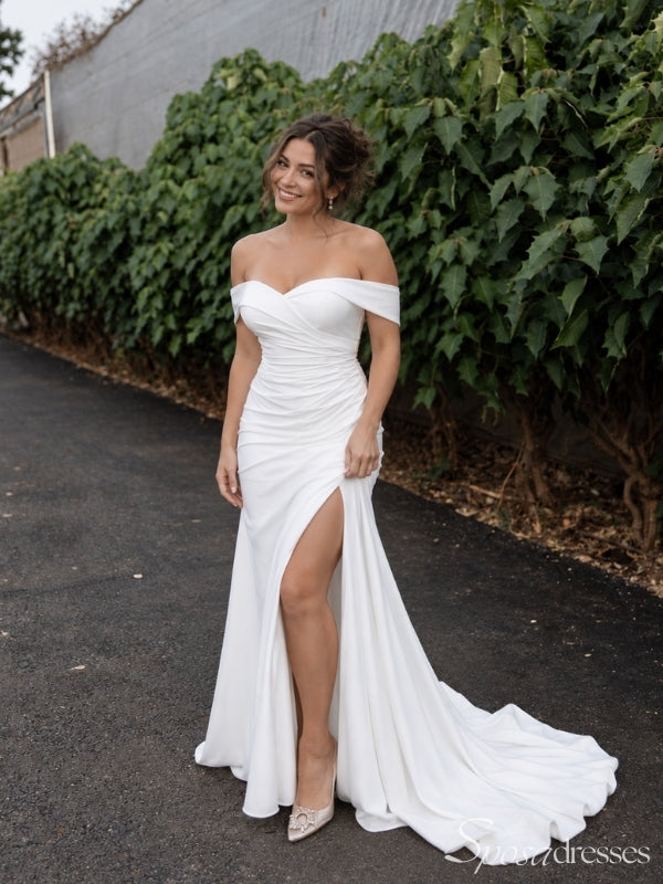Off-Shoulder Ruched Wedding Dress with Thigh Slit WD26026