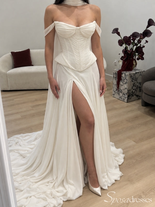 Off-Shoulder Corset Wedding Dress with High Slit WD26031