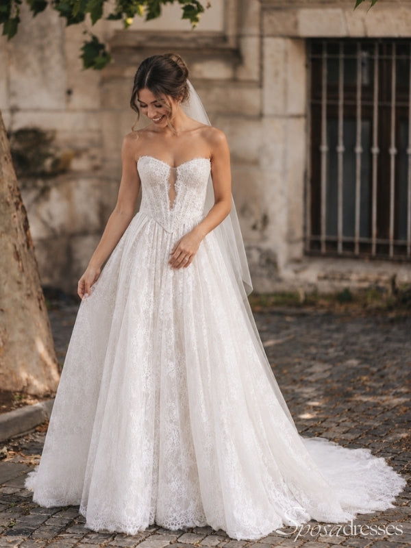 Strapless Lace A-Line Wedding Dress with Plunge WD26038