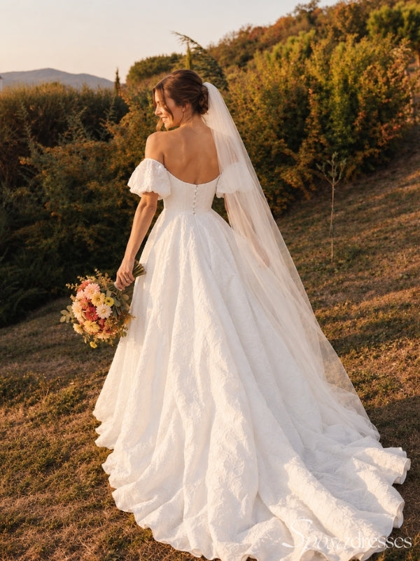 Off-Shoulder Puff Sleeve Wedding Dress with Slit WD26041