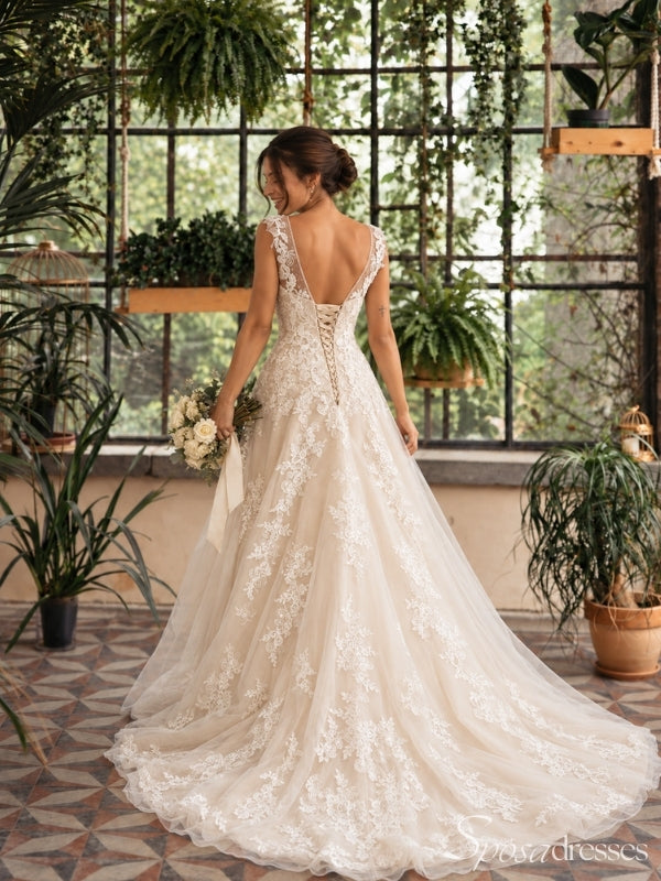 Champagne Lace Applique V Neck Tulle A Line Backless Long Wedding Dress WD26044