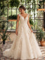 Champagne Lace Applique V Neck Tulle A Line Backless Long Wedding Dress WD26044