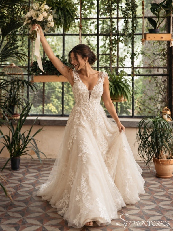 Champagne Lace Applique V Neck Tulle A Line Backless Long Wedding Dress WD26044