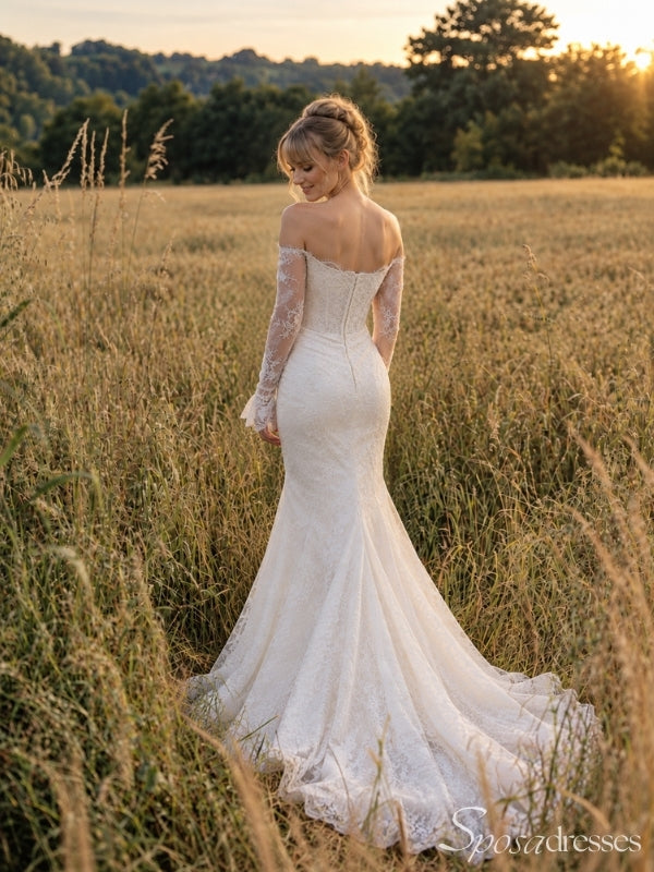 Ivory Lace Off the Shoulder Long Sleeve Mermaid Long Wedding Dress WD26045