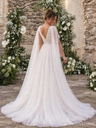 Ivory Sequin Beaded Cape V Neck Tulle A Line Long Wedding Dress WD26046