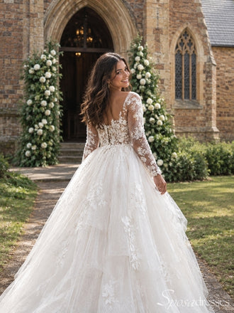 Ivory Floral Lace Long Sleeve A-Line Tulle Wedding Dress WD26051