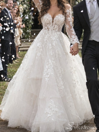 Ivory Floral Lace Long Sleeve A-Line Tulle Wedding Dress WD26051