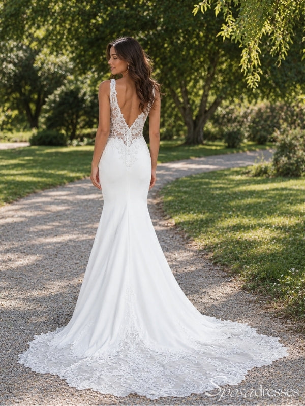 Ivory V-Neck Lace Mermaid Wedding Dress with Lace Train WD26055